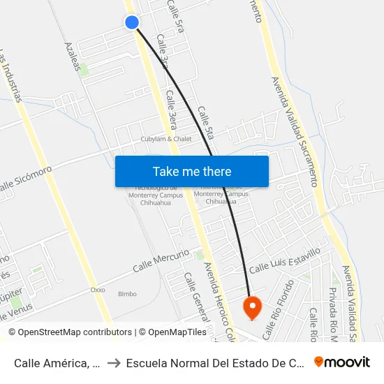 Calle América, 3817 to Escuela Normal Del Estado De Chihuahua map