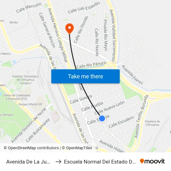 Avenida De La Junta, 1310 to Escuela Normal Del Estado De Chihuahua map