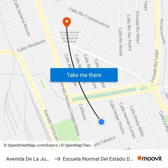 Avenida De La Junta, 2321 to Escuela Normal Del Estado De Chihuahua map