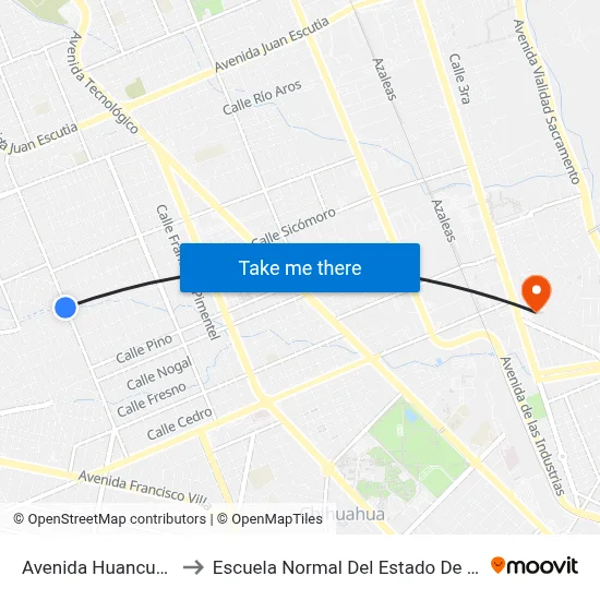 Avenida Huancune, 801 to Escuela Normal Del Estado De Chihuahua map