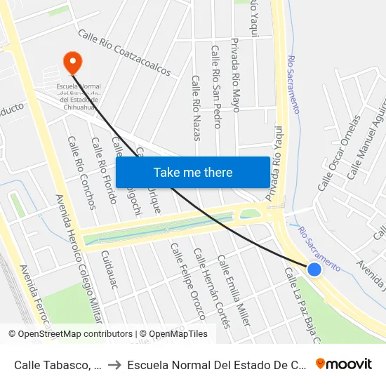 Calle Tabasco, 1528 to Escuela Normal Del Estado De Chihuahua map