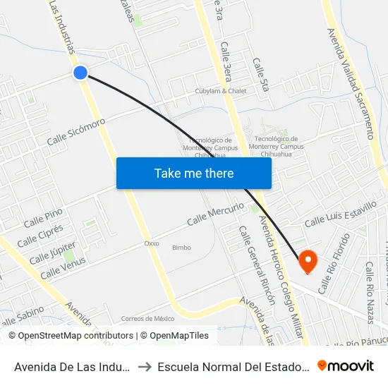 Avenida De Las Industrias, 5906 to Escuela Normal Del Estado De Chihuahua map