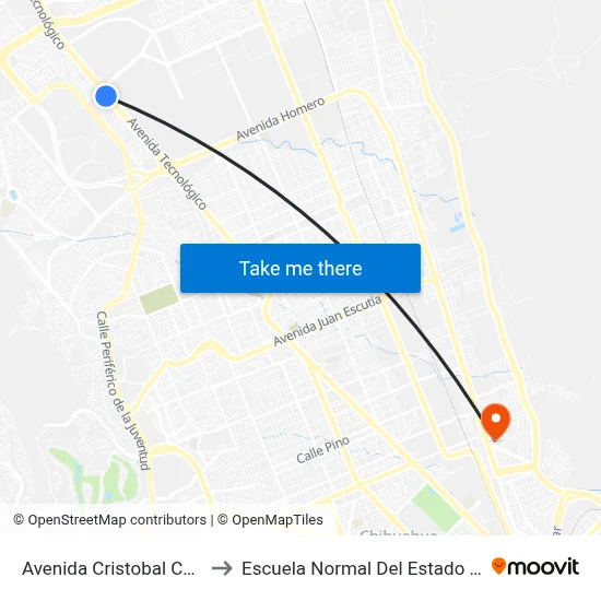 Avenida Cristobal Colón, 14545 to Escuela Normal Del Estado De Chihuahua map