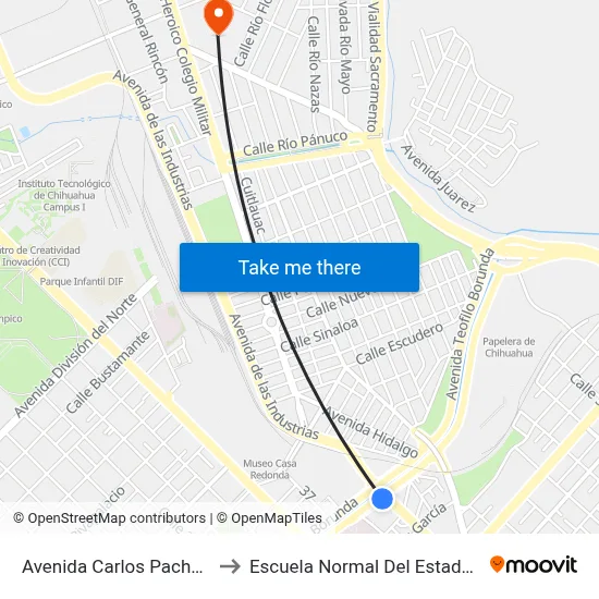 Avenida Carlos Pacheco Villa, 510 to Escuela Normal Del Estado De Chihuahua map