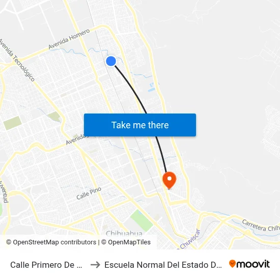Calle Primero De Mayo, 35 to Escuela Normal Del Estado De Chihuahua map