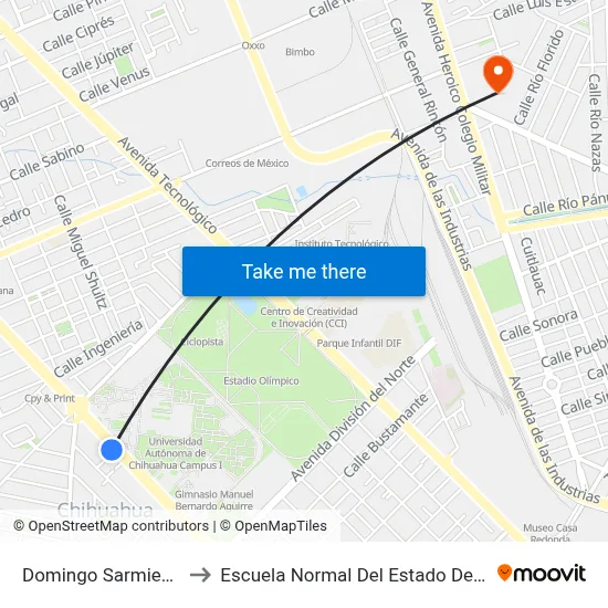 Domingo Sarmiento, 906 to Escuela Normal Del Estado De Chihuahua map