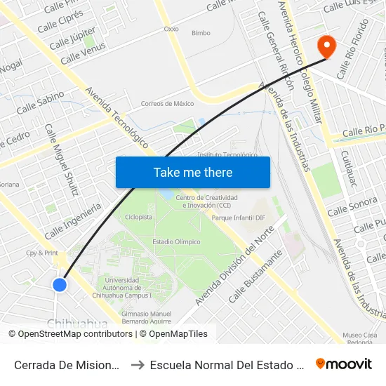 Cerrada De Misioneros, 2751 to Escuela Normal Del Estado De Chihuahua map
