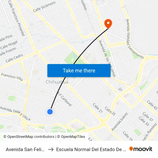 Avenida San Felipe, 801 to Escuela Normal Del Estado De Chihuahua map