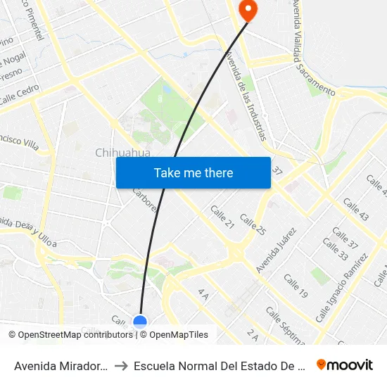 Avenida Mirador, 1504 to Escuela Normal Del Estado De Chihuahua map