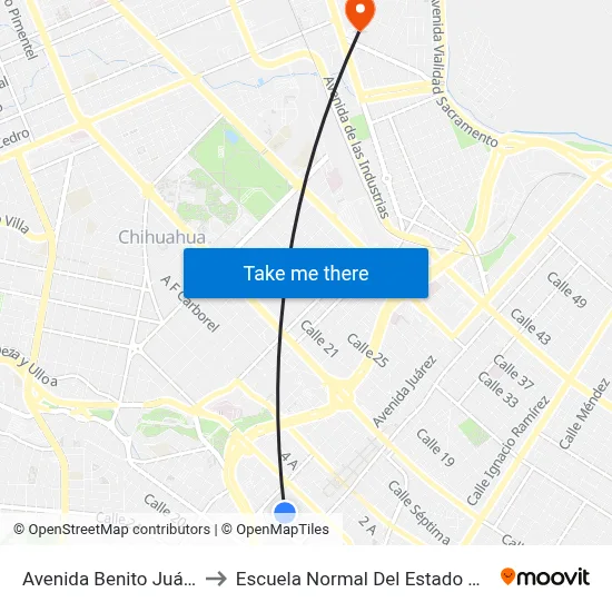 Avenida Benito Juárez, 1038 to Escuela Normal Del Estado De Chihuahua map