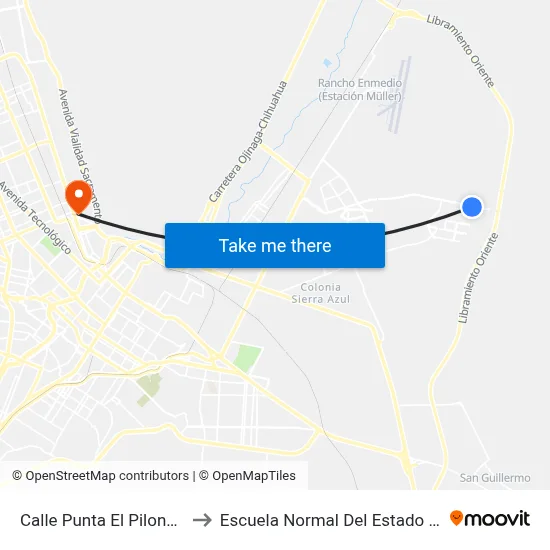 Calle Punta El Piloncillo, 10337 to Escuela Normal Del Estado De Chihuahua map