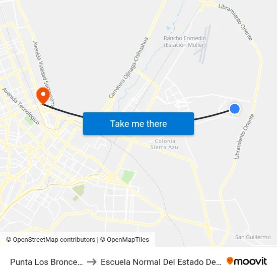 Punta Los Bronces, 9537 to Escuela Normal Del Estado De Chihuahua map