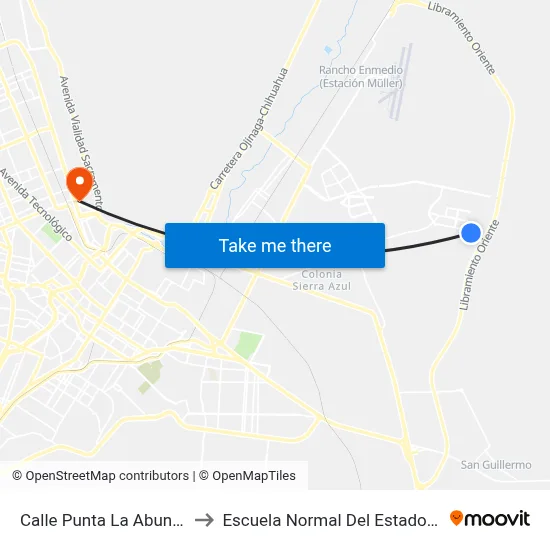 Calle Punta La Abundancia, 200 to Escuela Normal Del Estado De Chihuahua map