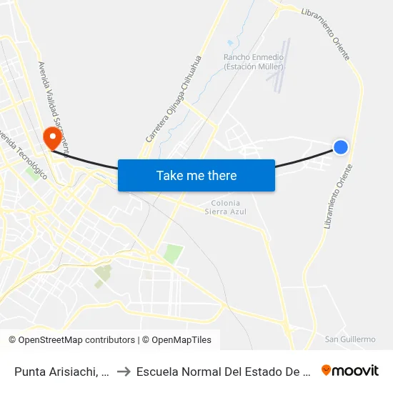 Punta Arisiachi, 10162 to Escuela Normal Del Estado De Chihuahua map