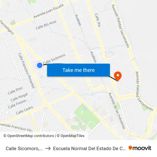Calle Sicomoro, 1501 to Escuela Normal Del Estado De Chihuahua map