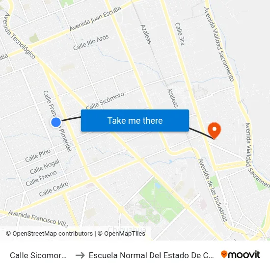 Calle Sicomoro, 708 to Escuela Normal Del Estado De Chihuahua map