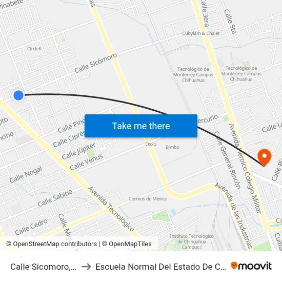 Calle Sicomoro, 2523 to Escuela Normal Del Estado De Chihuahua map