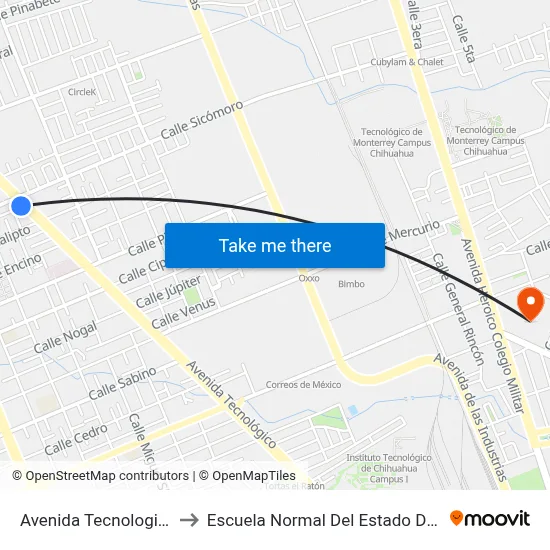 Avenida Tecnologico, 5309 to Escuela Normal Del Estado De Chihuahua map