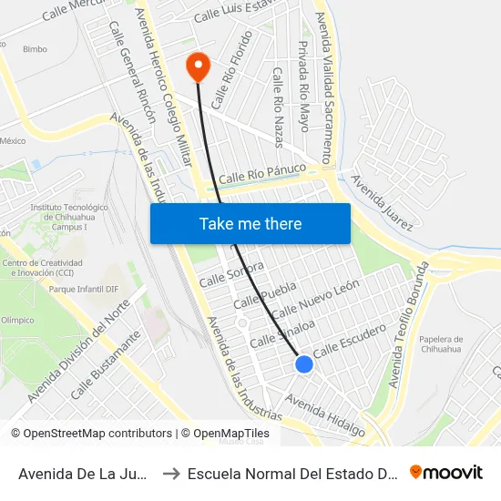 Avenida De La Junta, 1383 to Escuela Normal Del Estado De Chihuahua map