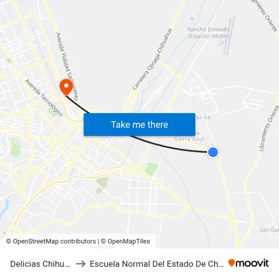 Delicias Chihuahua to Escuela Normal Del Estado De Chihuahua map