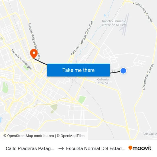 Calle Praderas Patagonicas, 13002 to Escuela Normal Del Estado De Chihuahua map