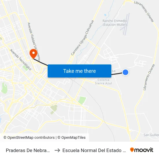 Praderas De Nebraska, 13200 to Escuela Normal Del Estado De Chihuahua map