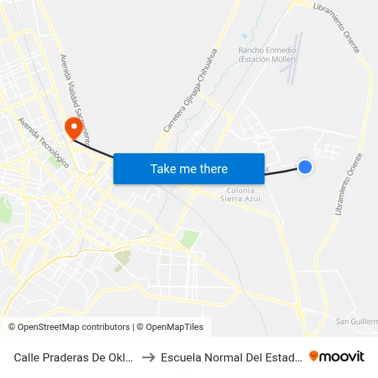 Calle Praderas De Oklahoma, 13640 to Escuela Normal Del Estado De Chihuahua map