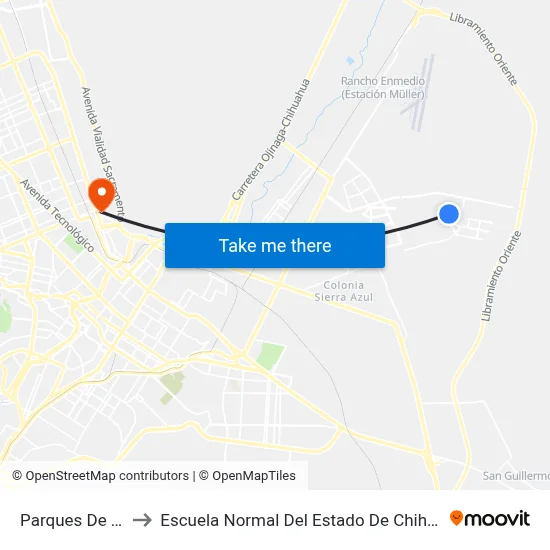 Parques De Ote to Escuela Normal Del Estado De Chihuahua map
