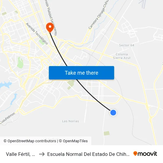 Valle Fértil, 514 to Escuela Normal Del Estado De Chihuahua map