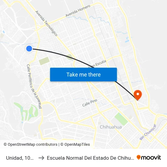 Unidad, 10100 to Escuela Normal Del Estado De Chihuahua map