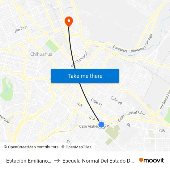 Estación Emiliano Zapata to Escuela Normal Del Estado De Chihuahua map