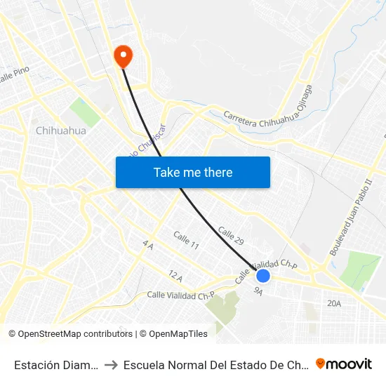 Estación Diamante to Escuela Normal Del Estado De Chihuahua map