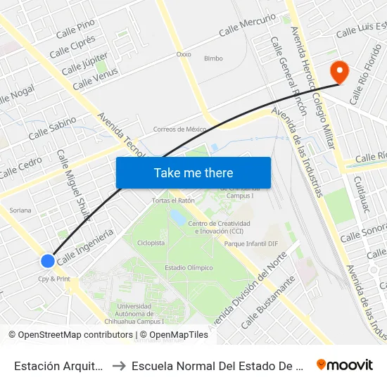 Estación Arquitectura to Escuela Normal Del Estado De Chihuahua map