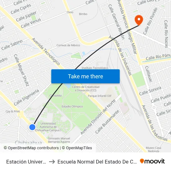 Estación Universidad to Escuela Normal Del Estado De Chihuahua map