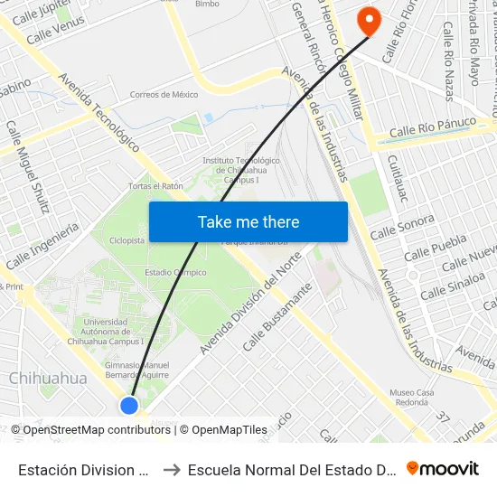 Estación Division Del Norte to Escuela Normal Del Estado De Chihuahua map