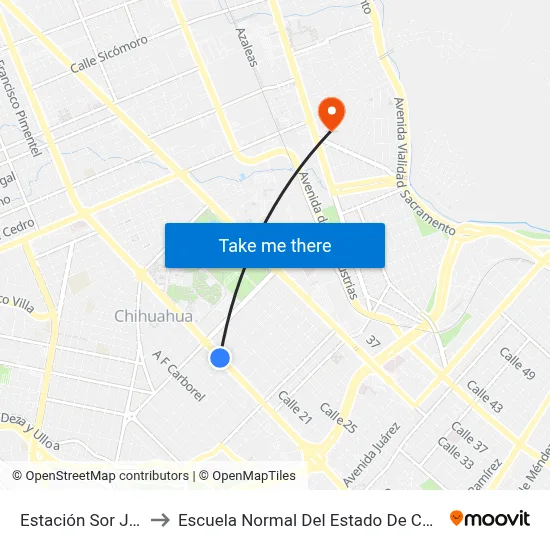 Estación Sor Juana to Escuela Normal Del Estado De Chihuahua map