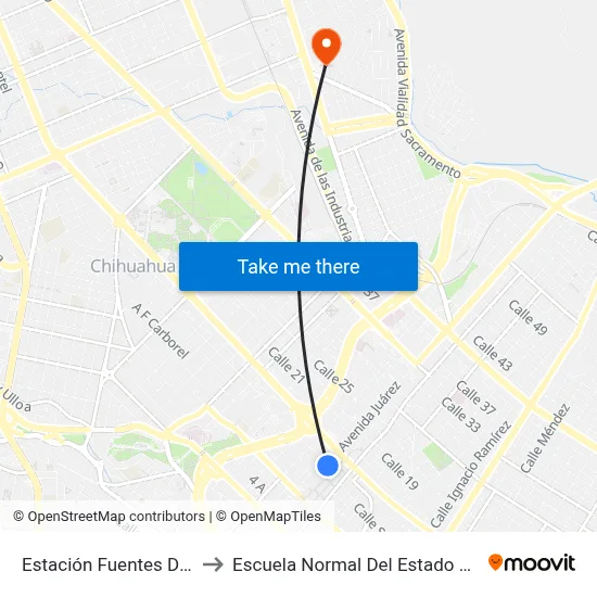 Estación Fuentes Danzarinas to Escuela Normal Del Estado De Chihuahua map