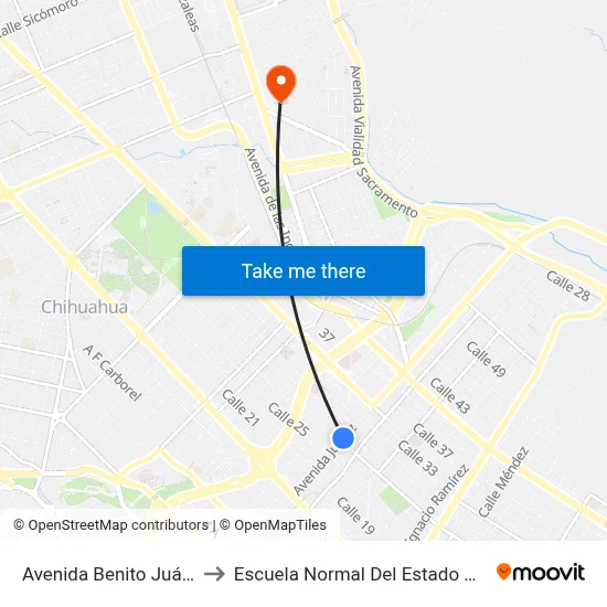 Avenida Benito Juárez, 2703 to Escuela Normal Del Estado De Chihuahua map