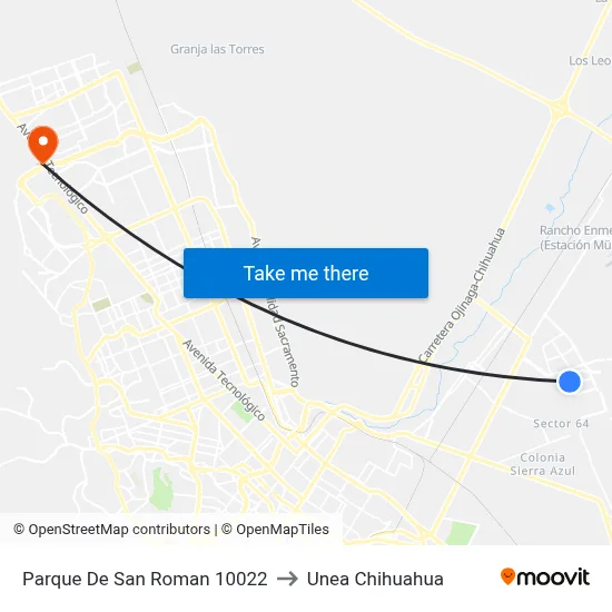 Parque De San Roman 10022 to Unea Chihuahua map