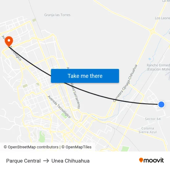 Parque Central to Unea Chihuahua map