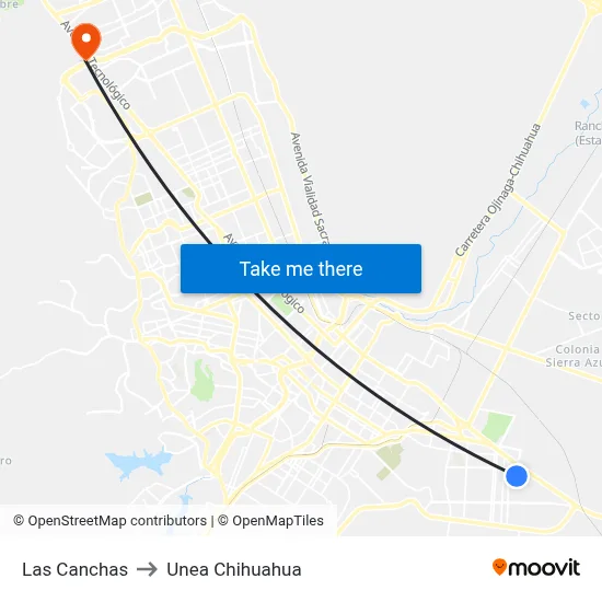 Las Canchas to Unea Chihuahua map