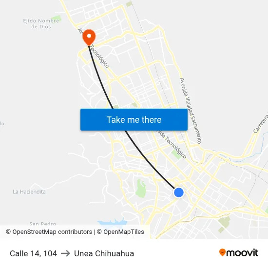 Calle 14, 104 to Unea Chihuahua map