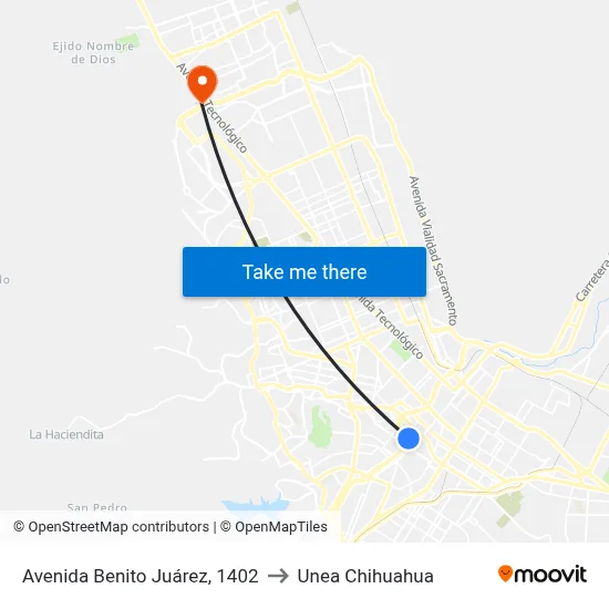 Avenida Benito Juárez, 1402 to Unea Chihuahua map