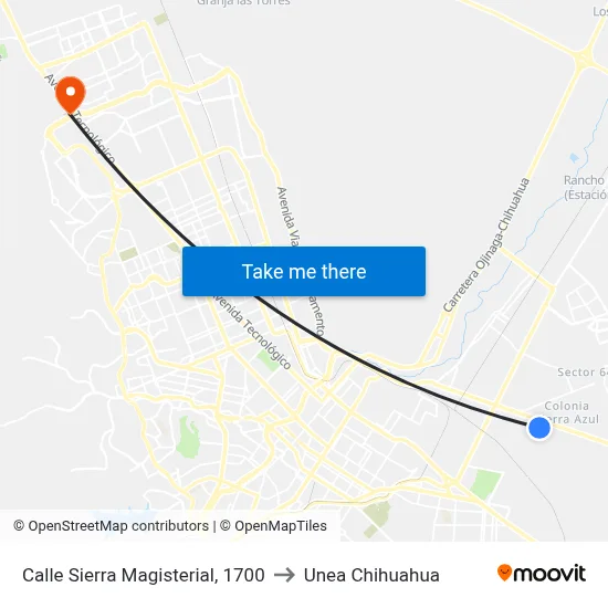 Calle Sierra Magisterial, 1700 to Unea Chihuahua map