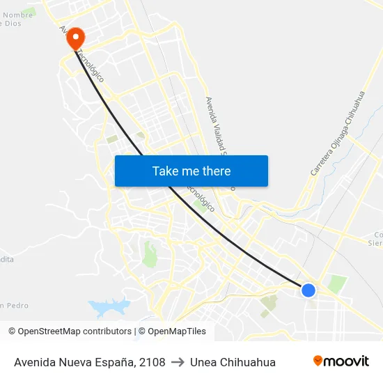 Avenida Nueva España, 2108 to Unea Chihuahua map