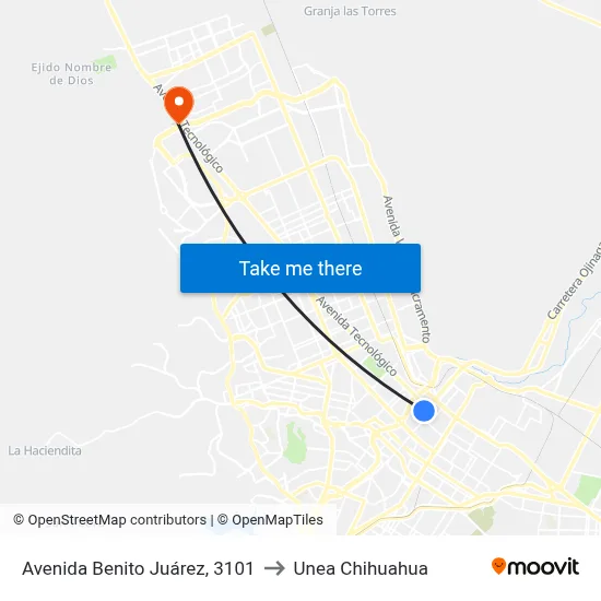 Avenida Benito Juárez, 3101 to Unea Chihuahua map