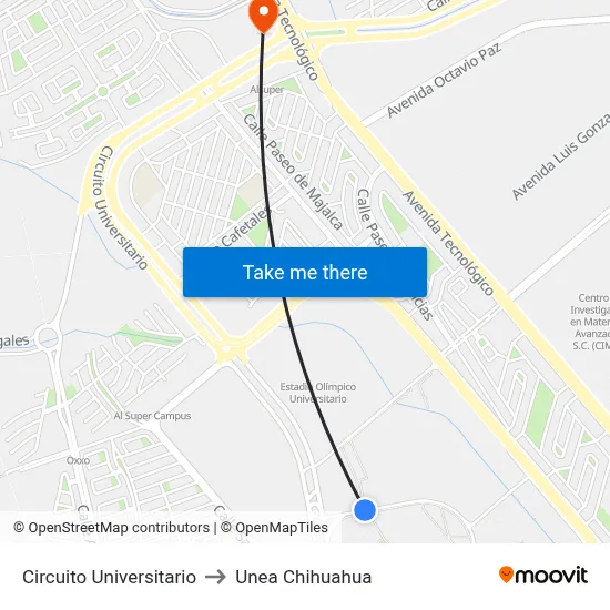Circuito Universitario to Unea Chihuahua map