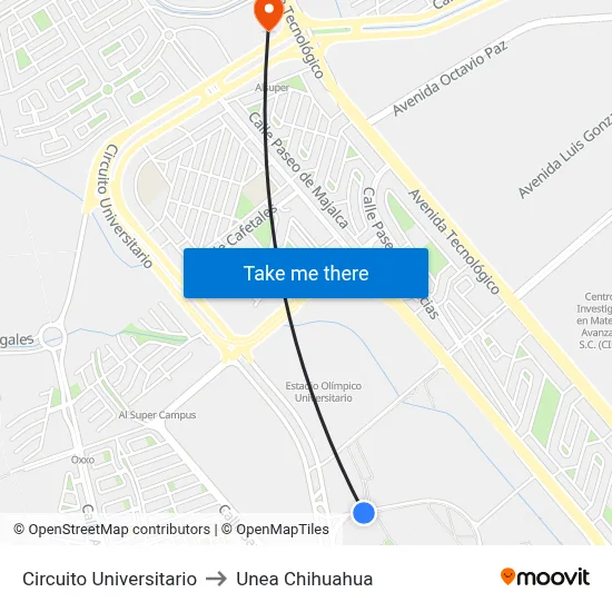 Circuito Universitario to Unea Chihuahua map
