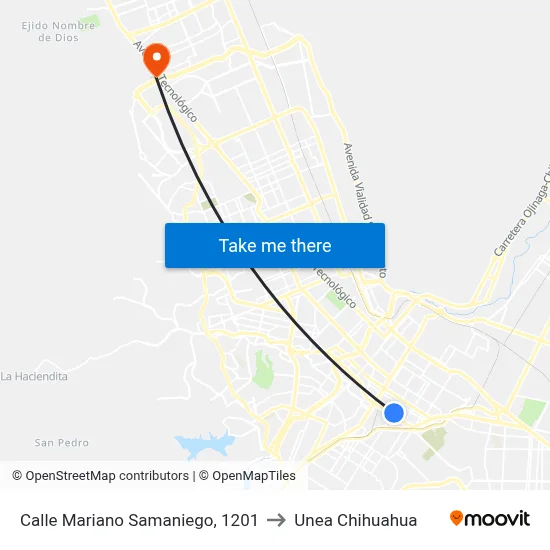 Calle Mariano Samaniego, 1201 to Unea Chihuahua map