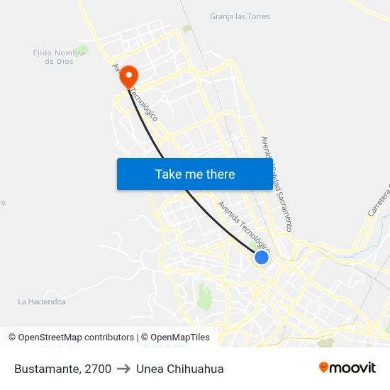 Bustamante, 2700 to Unea Chihuahua map